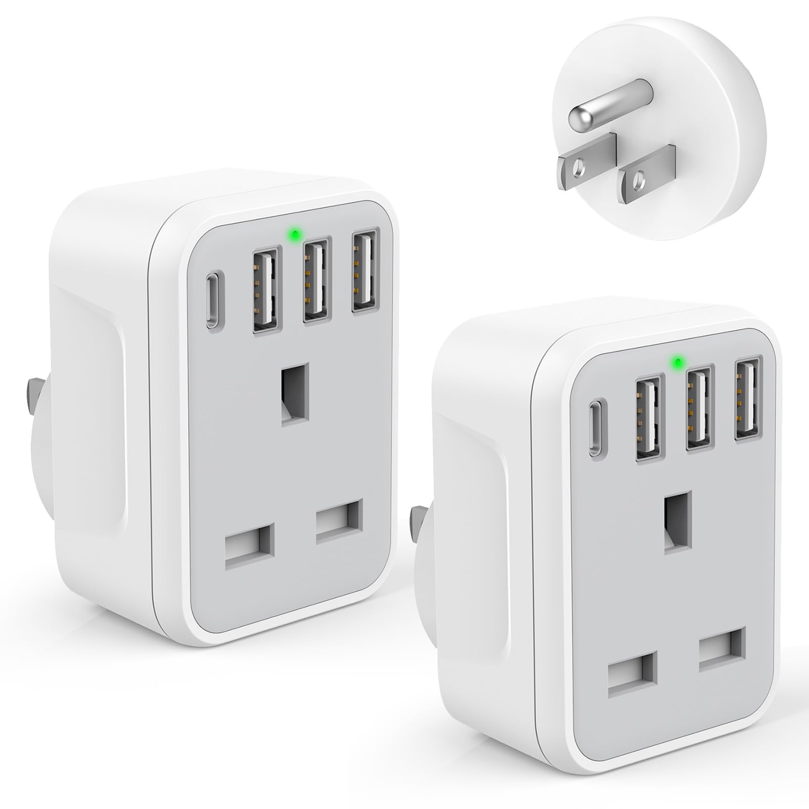 2 Pack USA Travel Adapter, American Plug Adapter UK to US with 4 X USB Ports (1 USB-C Fast Charging), UK to US Plug Adapter for USA Canada Mexico Colombia Cuba Guyana Thailand and More (Type B)