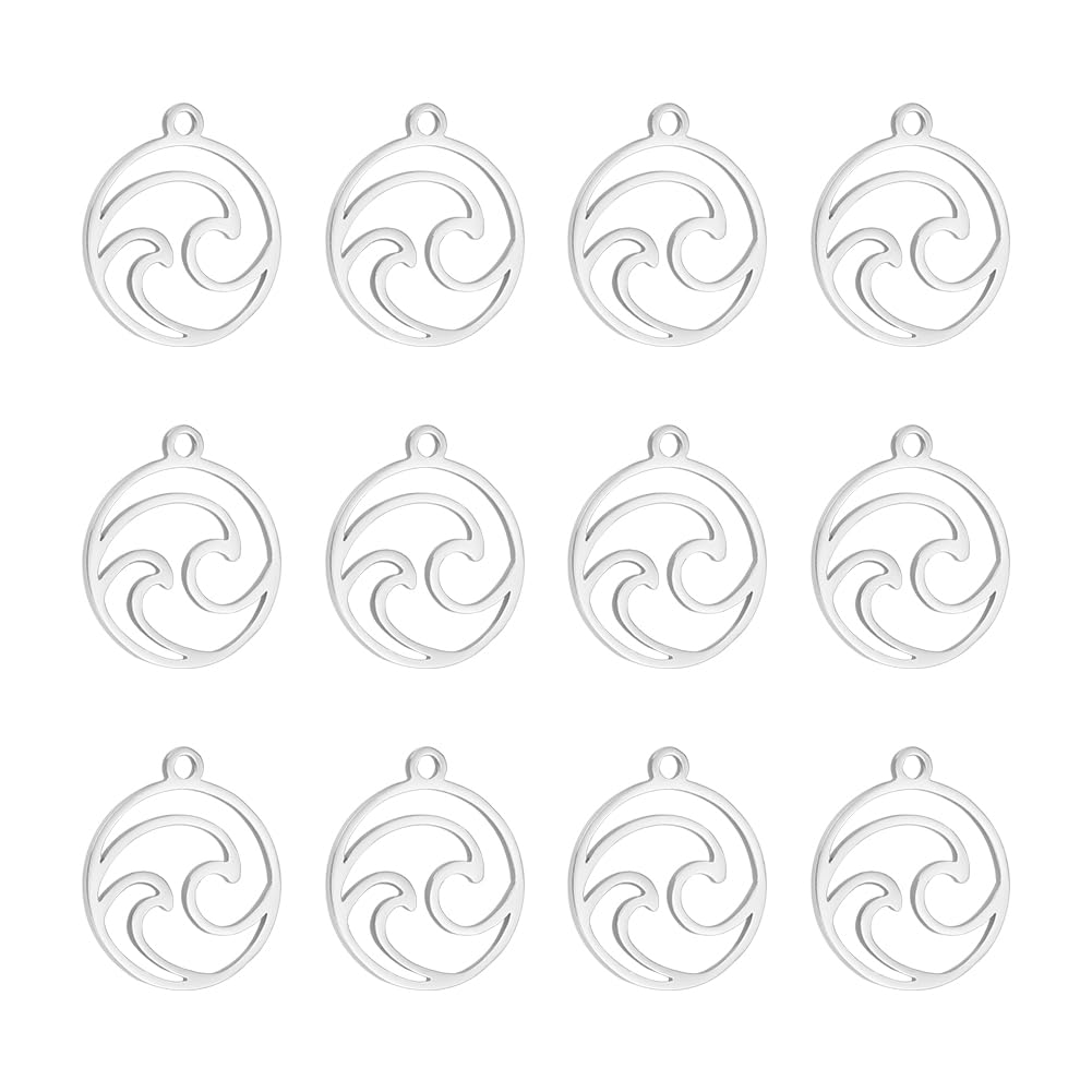 UNICRAFTALE about 12pcs Stainless Steel Wave Charms Round Hollow Pendants Ring with Waved Charm Ocean Wave Charms Metal Charm Small Charms for Bracelet Necklace Jewelry Making