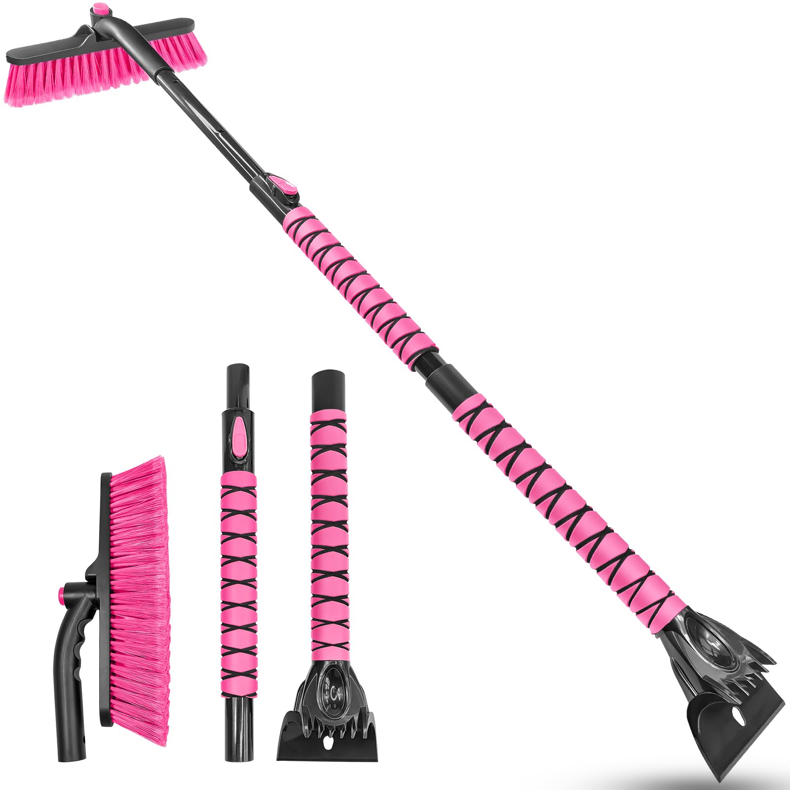 HEEYA 51 Inch Snow Brush for Trucks, Extendable Long Handle Ice Scraper with Brush with Foam Grip, SUV Heavy Duty Snow Brush with Ice Scraper for Car Auto Jeep RV Vehicle Windshield Window - Pink Image