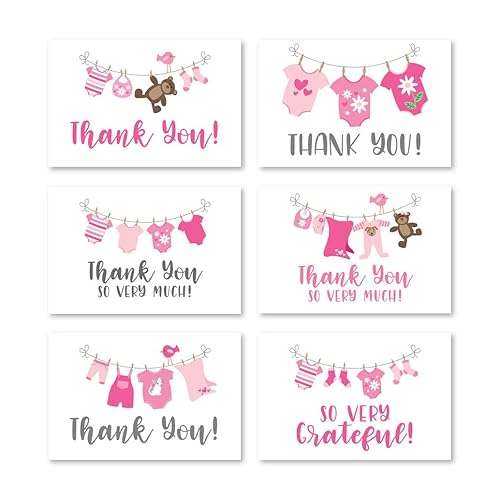 Hadley Designs 24 Pink Clothesline Baby Shower Thank You Cards