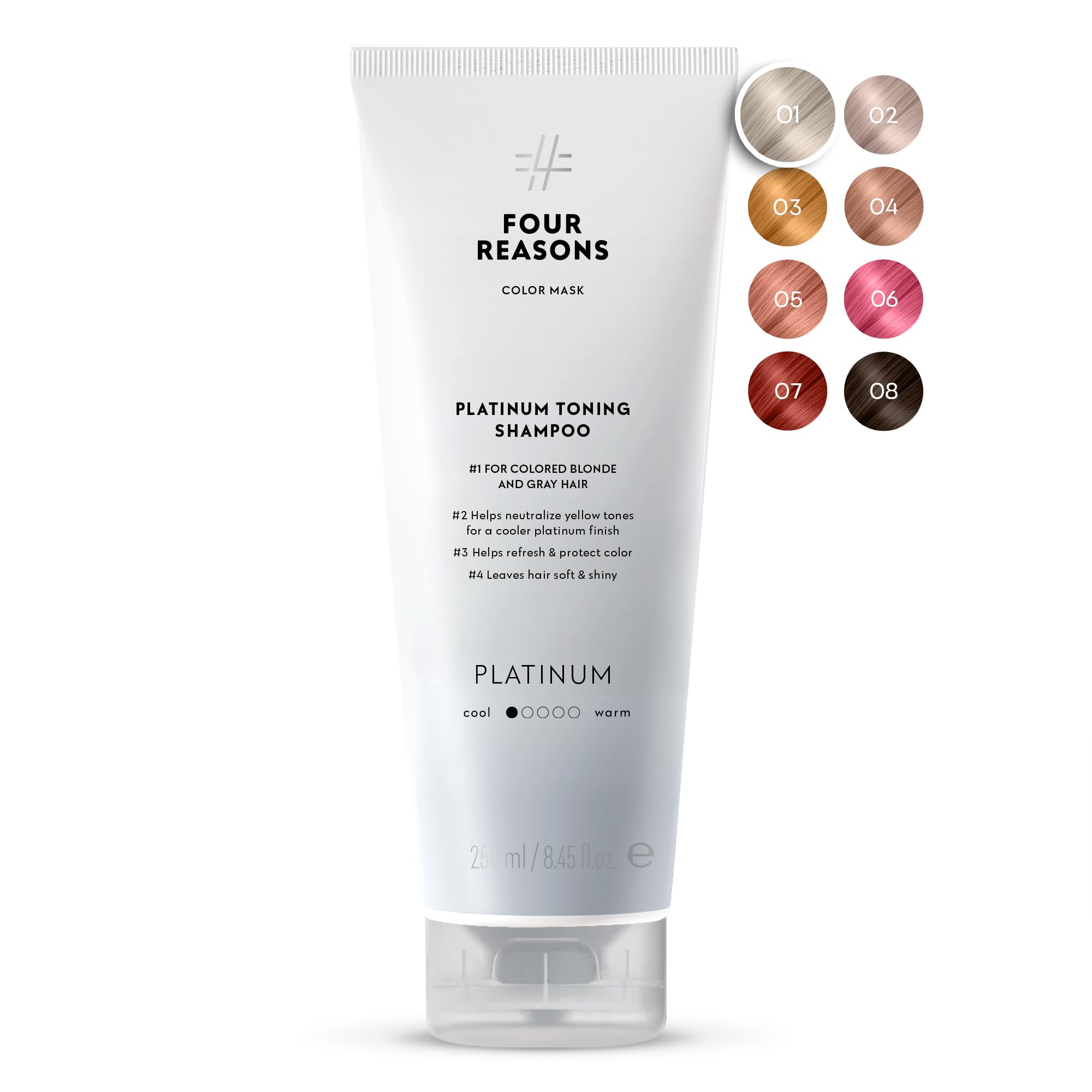FOUR REASONS Hair Color Shampoo, Platinum (8 Colours) - Blonde Hair Toner & Colour Depositing Shampoo, Hair Colour Shampoo for Women - Silver Shampoo Toner, Sulfate Free, Vegan – 250 ml