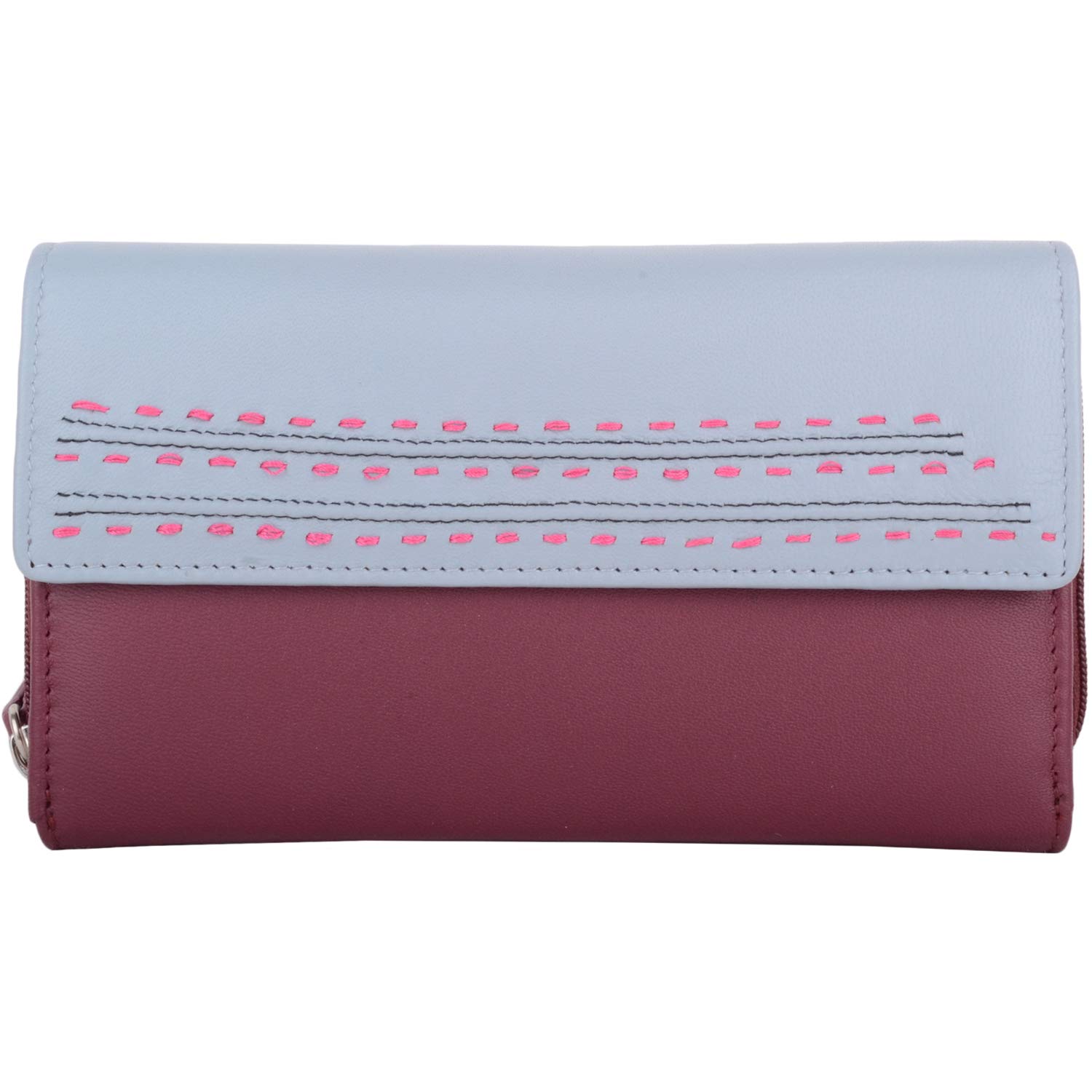 Valita Womens Soft Leather RFID Protected Multi Colour Tri- Fold Coin/Credit Card Purse - Cranberry/Cloud