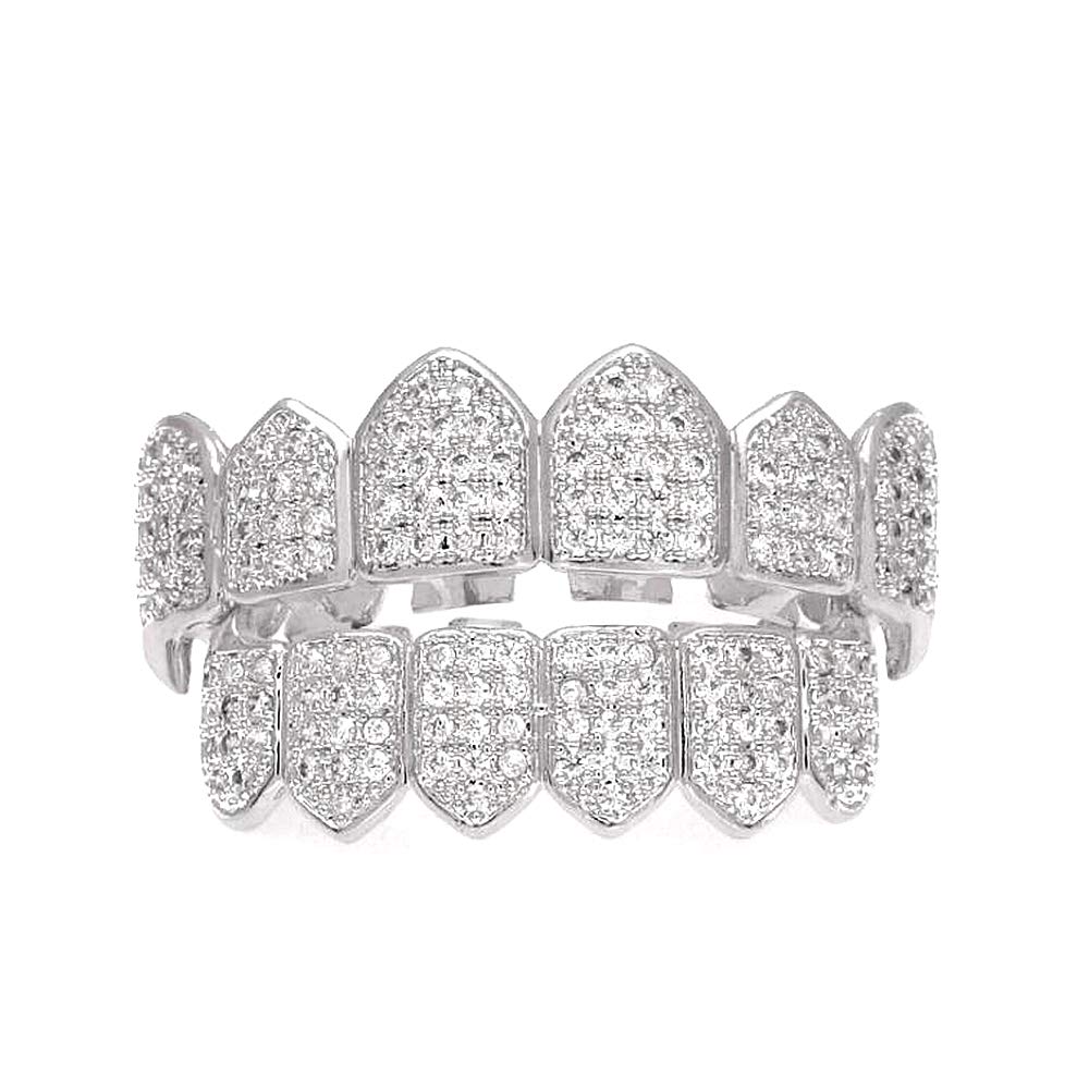 HH BLING EMPIRE Iced Out Diamond Teeth Grillz for Men Women, Hip Hop Silver Grills for your teeth Top and Bottom, Rapper Costume Mouth Grillz with Silicone Molding Bars