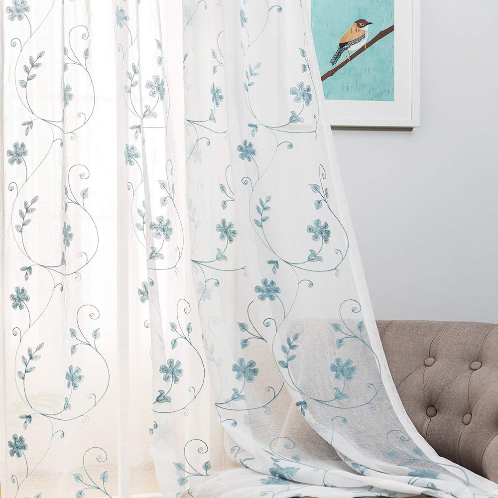 MYSTIC-HOME Floral Embroidery Sheer Curtains Blue 63 Inches, Rod Pocket Voile Drapes Treatments Semi Crinkle Curtain Panels Set of 2, Floral Blue, 52" Wx63 L