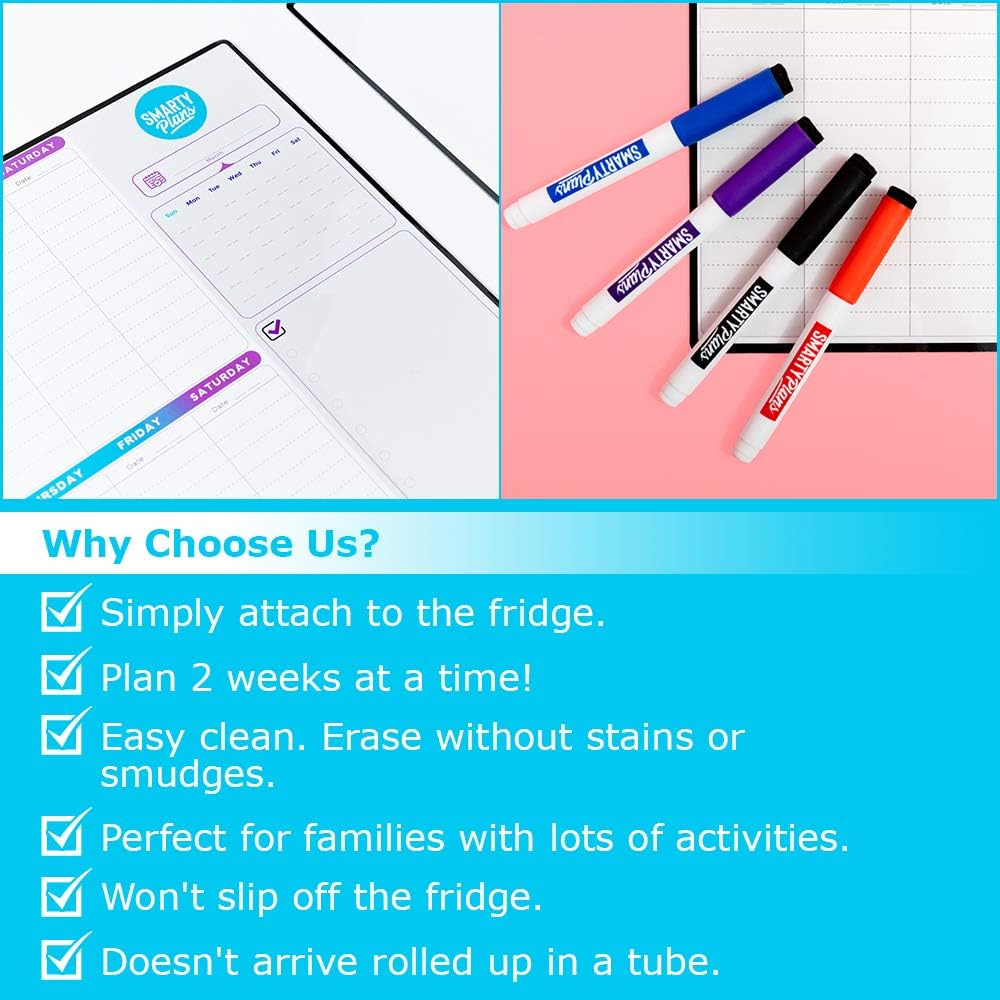SmartyPlans Dry Erase Weekly Extra Thick Magnetic Calendar for Refrigerator: 17x13" Two Week Planner and 6x9" White Board, 4 Fine Tip Markers and Eraser with Magnets. Stain Resistant. Shipped Flat. : Office Products