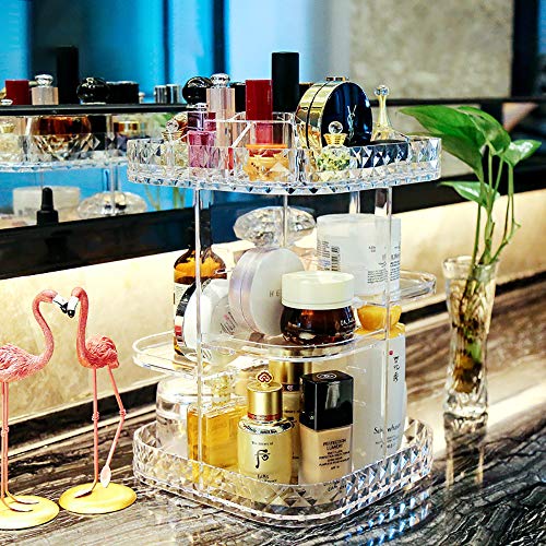360 Lazy Susan Makeup Organizer, Square Bathroom Shelf Revolving Countertop Tower Display Case Cosmetic Storage Holder, Crystal Clear