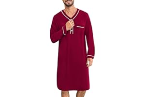 SWOMOG Men's Nightshirt Long Sleeve Nightgown Soft Loose Sleepwear Lightweight Nightwear Comfy Henley Sleep Shirt M-3XL