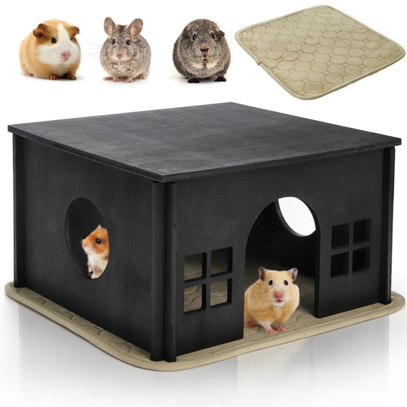 Photo 1 of Acshio Wooden Hamster Hideout, Guinea Pig House with Soft Mat Windows, Detachable Small Pets Woodland House Decor for Chinchilla Mice Gerbils Mouse Dwarf