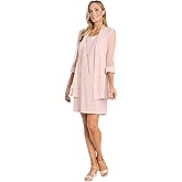 R&M Richards Women's Glitter Jacquard Jacket W/Sheer Insets & Knee-Length Shift Dress W/Necklace - Formal 2-Piece Ensemble