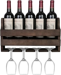 OROPY Rustic Wood Wall Mounted Wine Rack, Holds 5 Wine Bottles and 4 Stemware Glass Holder, Home Kitchen Decor (Rustic Brown)