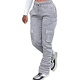 Women Cargo Sweatpants Stacked Pants Warm Fleece Drawstring Waist Casual Joggers Trousers