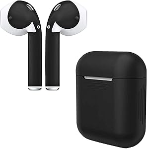 AirPod Charging Protective Case Silicone Cover and Stylish Protective Skins Bundle (Black Case & Matte Black Skin)