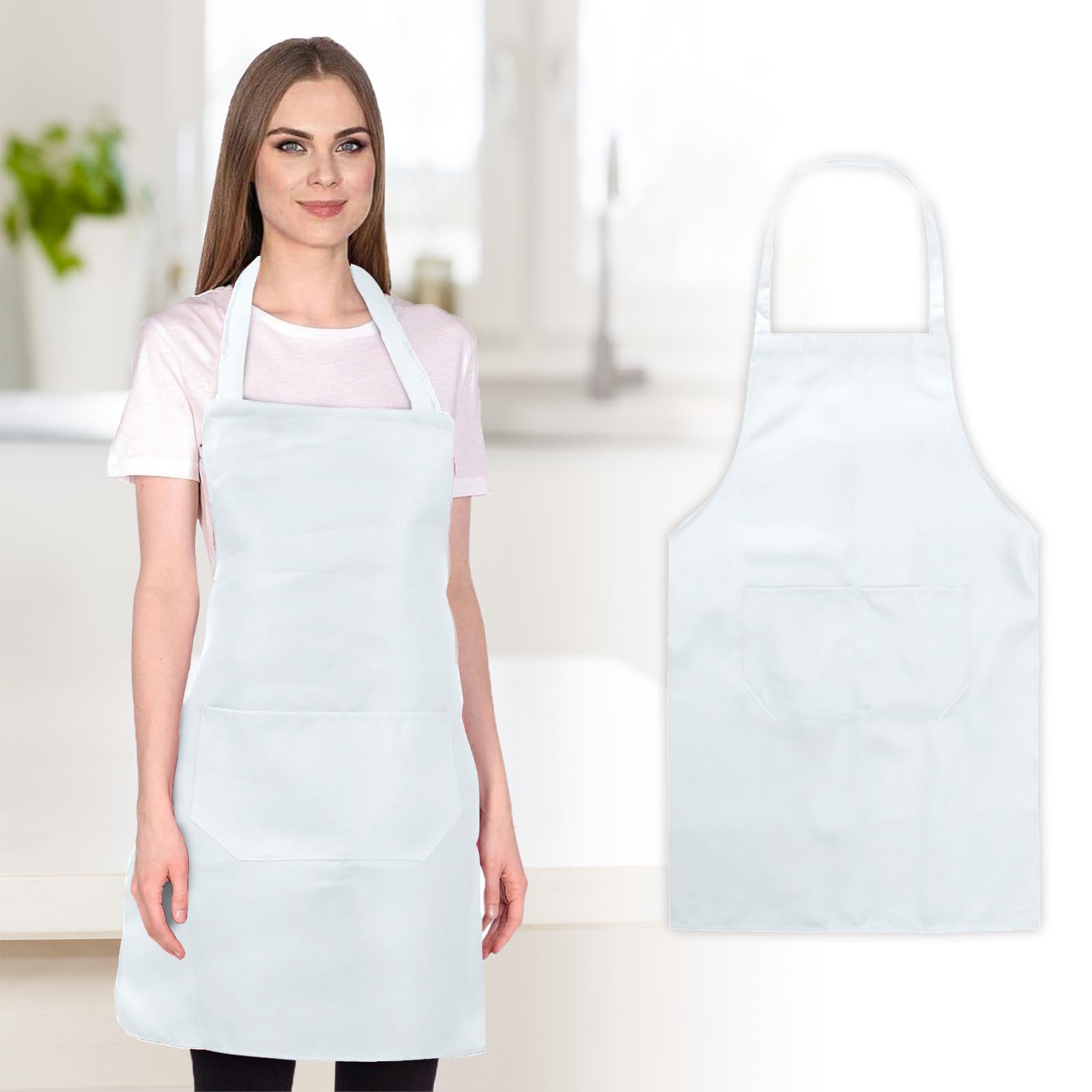 Photo 1 of 1 Pack Bib Aprons for Women Men, Unisex Commercial Apron with Pockets for Kitchen Crafting BBQ Drawing Cooking (White)