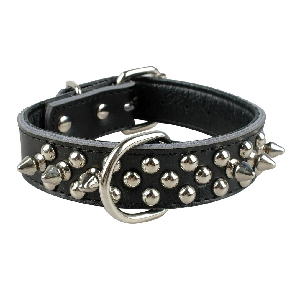 Pet Artist Black Soft Genuine Leather Spiked Studded Dog Collar for