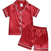 Multitrust Baby Girls Boys Silk Pajamas Set Solid Short Sleeve Button Down Shirts Tops and Shorts Infant Satin Pj Lounge Sets
