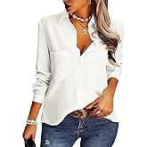 AISEW Womens Casual Button Down Shirts V Neck Chiffon Long/Short Sleeve Collared Office Work Blouses Tops with Pocket