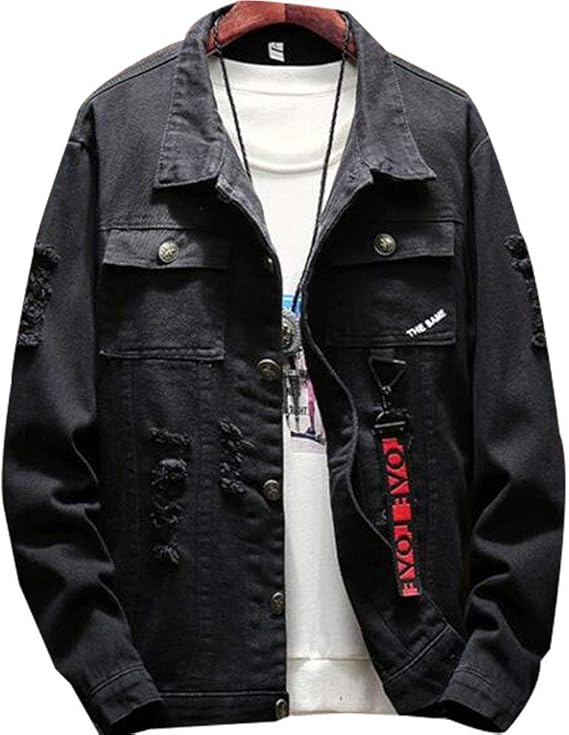 Amazon Shuosenメンズ デニム ジャケットパーカー フード 付き アウター ジャン ヒップホップ ストリート 原宿風 春秋服 ダメージ 加工 長袖 大きいサイズ カジュアル ファッション コート ジャケット 通販