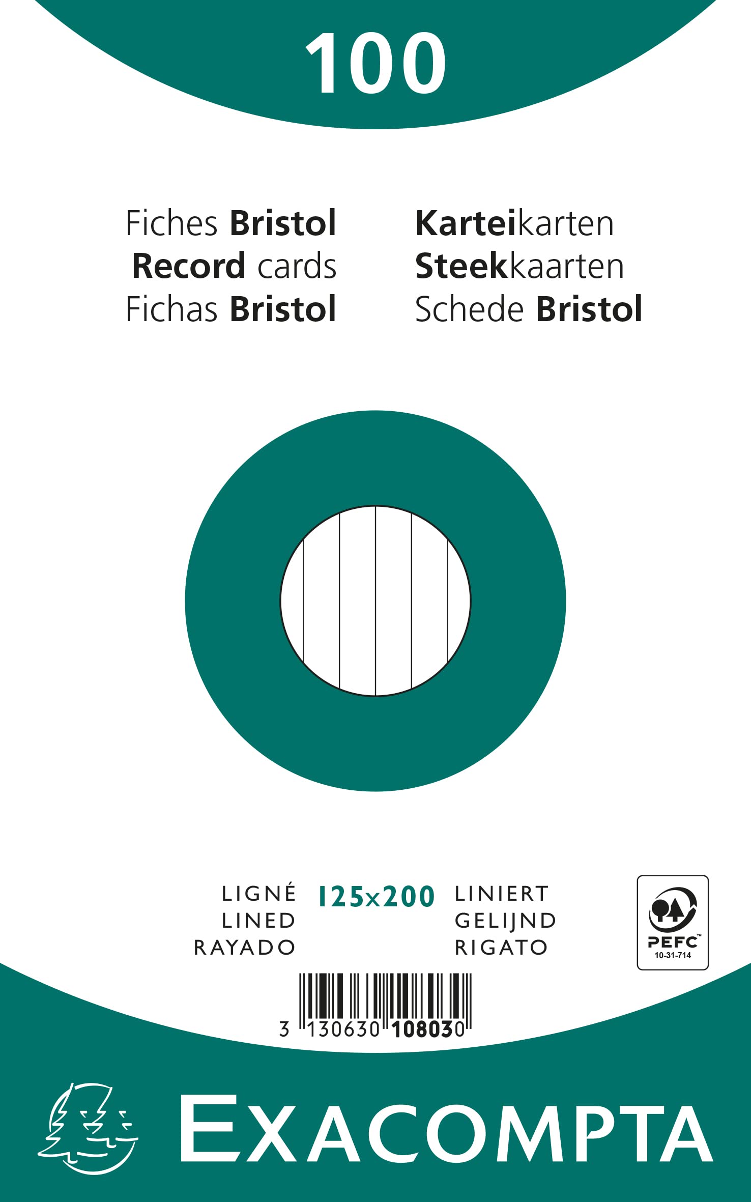 Exacompta - Ref 10803X - Bristol Lined Record Cards (Pack of 100) - 125 x 200mm in Size, 205gsm Card, Compatible with Printers - Suitable for Exam Revision & Notes - White