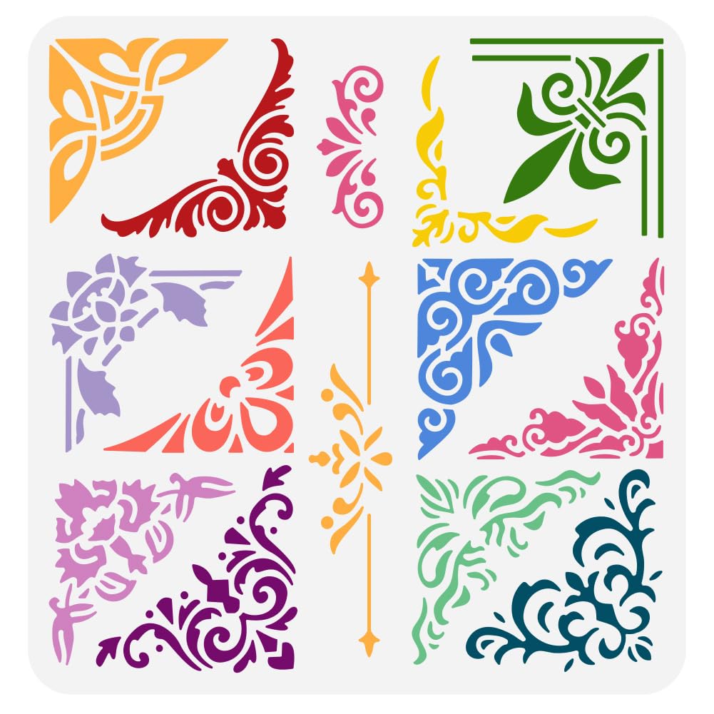 FINGERINSPIRE Floral Corner Stencil 30x30cm Decorative Borders Painting Template 12 Styles Corner 2 Styles Borders Pattern Stencil for Painting on Wood Wall Fabric Paper Furniture