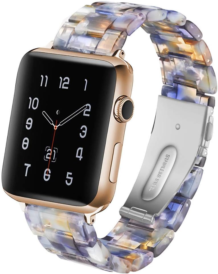 CAUNEDY Resin Watch Band for 42mm 44mm Apple Watch Series 5 4 3 2 1 with Stainless Steel Buckles Fashion Lightweight Sport Smart Watch Wristband Strap for Men Women(42/44mm,Ocean Blue)
