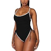 Viottiset Women's Ruched Drawstring One Piece Swimsuit Tummy Control High Cut Bathing Suit