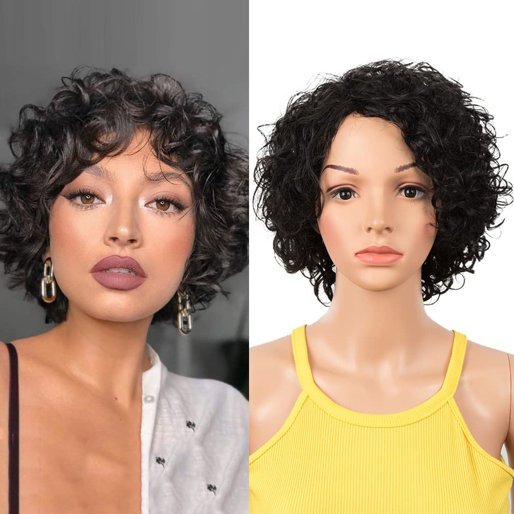 DÉBUT Short Bob Wigs with Air Bangs Short Curly Wavy Human Hair Bob Wigs for Women 10 inches 120g 130% Density (10 inches, Natural Black)