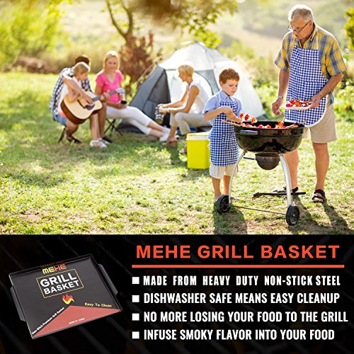 MEHE Grill Basket, Thicken Will not Warped, Nonstick Grilling Topper 14.6 "x11.4" Pan BBQ Accessory for Grilling Vegetable, Fish, Shrimp, Meat, Camping Cookware