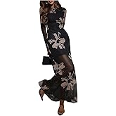 BEAUDRM Women's Floral Maxi Dress Elegant Sheer Mesh Long Sleeve Wedding Guest Dresses Party Club Dresses Cocktail