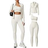 Coume Women 3 Piece Seamless Workout Set Gym Yoga Sports Bra High Waisted Leggings Zip Up Jacket with Thumbhole Activewear
