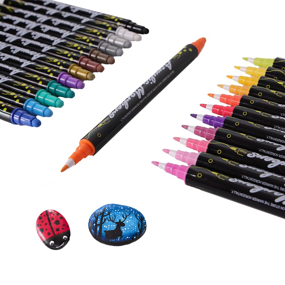 Photo 1 of 24 Colors Dual Tip with Fine and Dot Tip Acrylic Paint Pens Markers, Premium Acrylic Paint Pens for Wood, Canvas, Stone, Rock Painting, Glass, Ceramic Surfaces, DIY Crafts Making Art