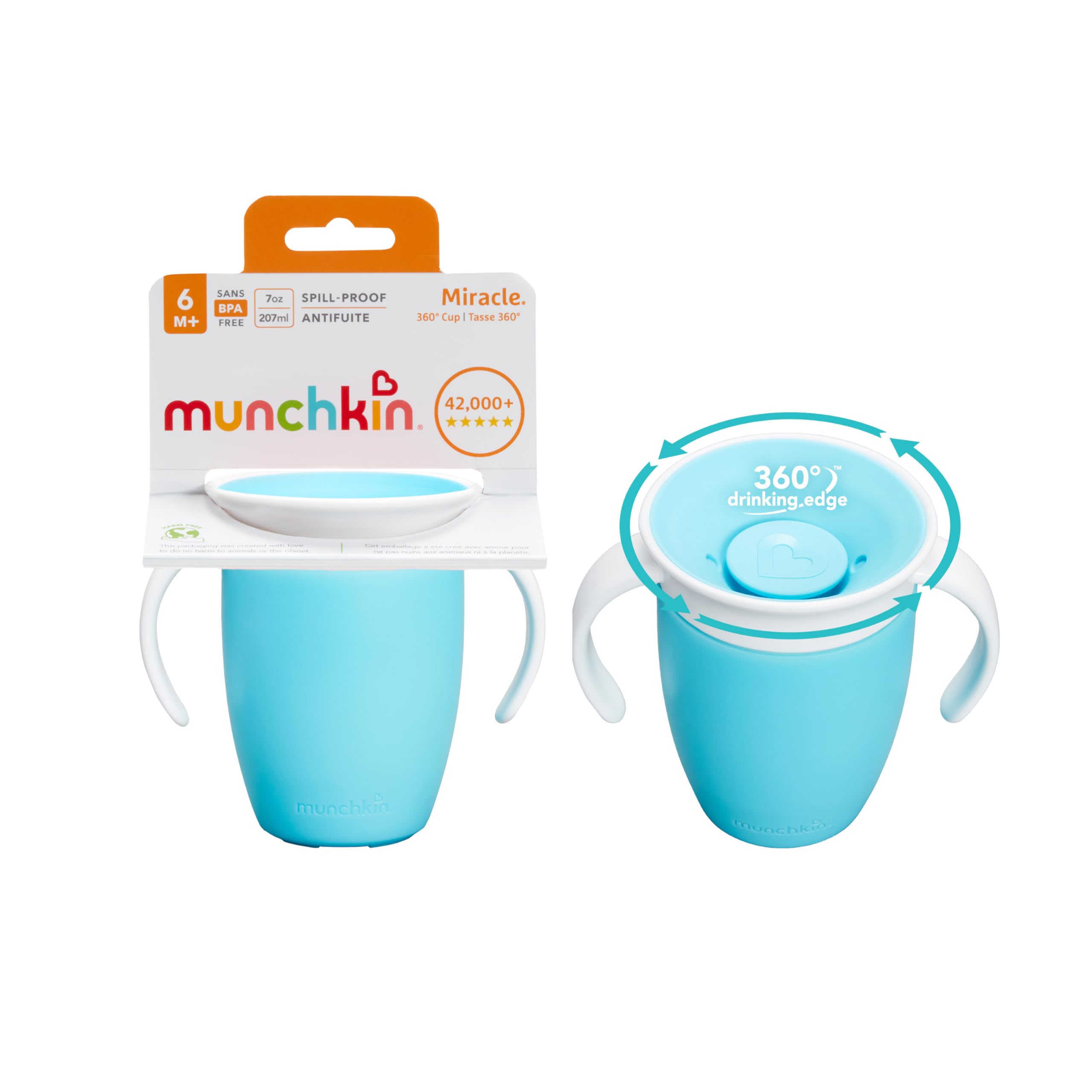 Munchkin Miracle 360 6+ Months Baby Sippy Cups | Free Flow Beaker for Toddlers |Trainer Cup | BPA-Free | Spill-Free | Baby Water Bottle with Easy-Grip Handles | 207ml| 2pack | Blue