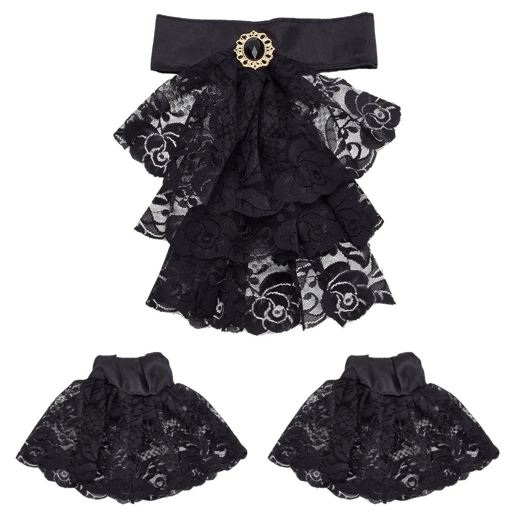 HOBBIESAY Jabot Cuffs Set Black Lace Ruffled Collar Unisex Lace Jabot Collar and Cuffs Costume Accessory for Women Men Halloween Cosplay Fancy Dress — image 1