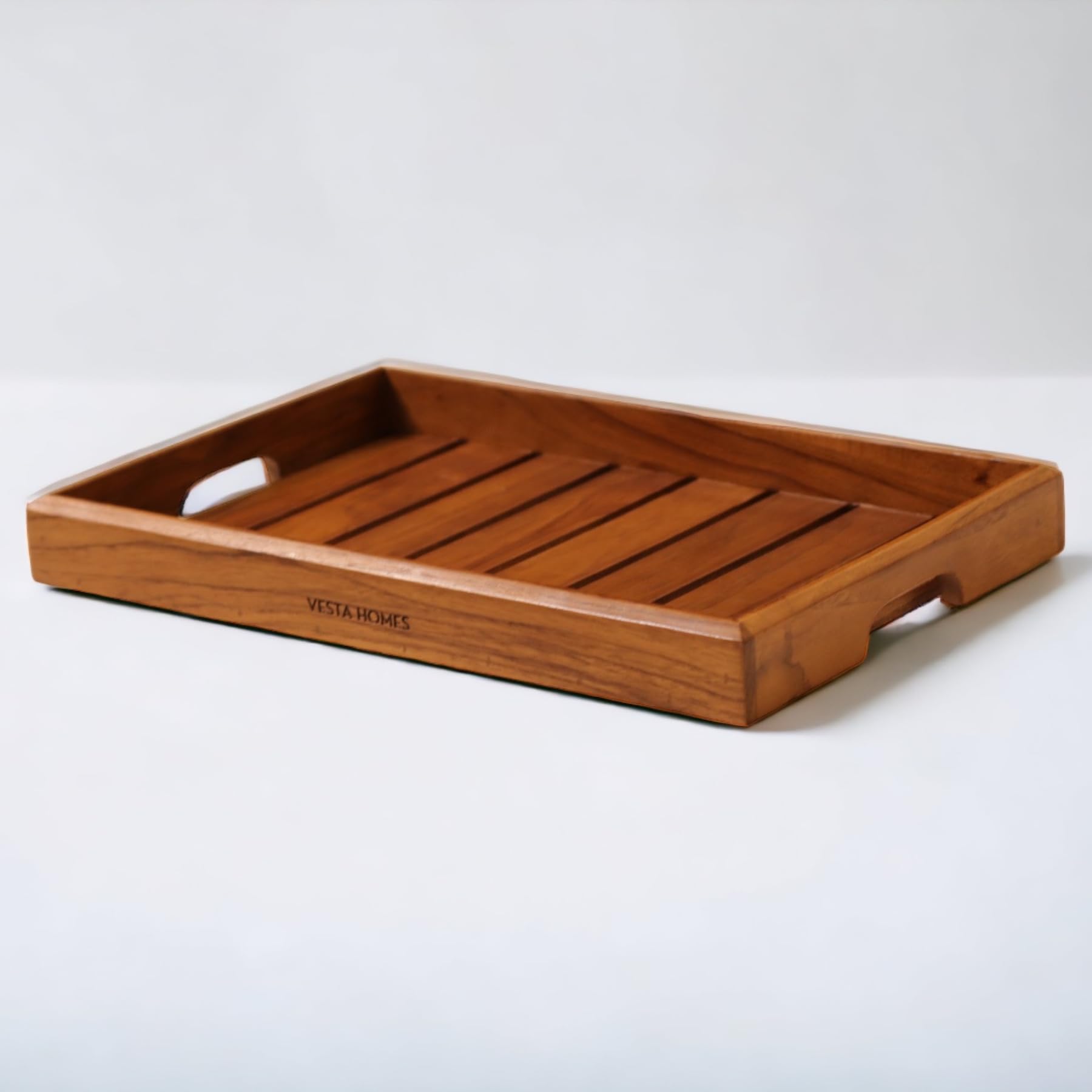 Vesta Homes Large Teak Wood Rectangular Serving Tray For Home, Kitchen, Restaurant, Office Organizer, Dining Table Premium Wooden Trays 38 X 26 X 4 cm Handcrafted In India