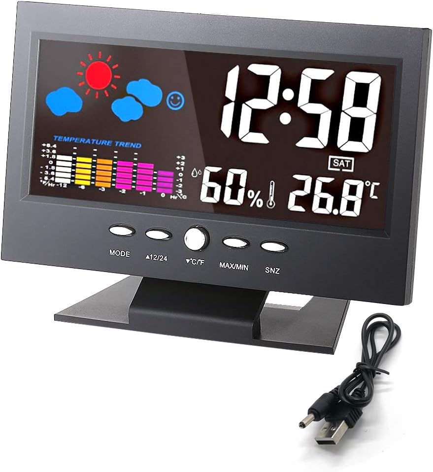 Digital Alarm Clock 5.7” Weather Forecast Colorful Screen LCD Display Indoor Time Date Humidity Temperature Calendar Desk Clock with Voice Control Backlight Charging Cable for Women and Men Bedroom