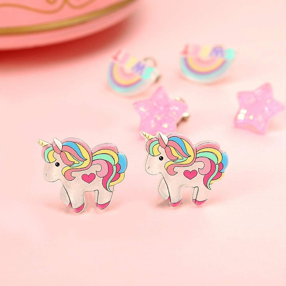 PowerKing Clip On Earrings for Girls, Girls Jewelry Dress Up Earrings and Princess Play Earrings Set for Kids, 6 Pairs, Unicorn Bling (new unicorn 6 set) - Image 4