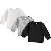 Tsseiatte 3 Pack Toddler Baby Boy Girl Long Sleeve Crewneck Pullover Sweatshirt Sweater Outfits Solid Color Casual Clothes
