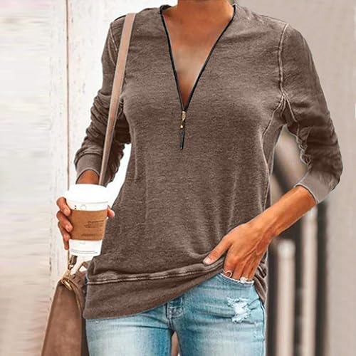 Meikosks Ladies V Neck Zipper T Shirt Long Sleeved Tops Solid