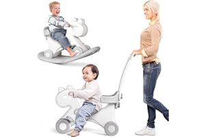 ANCAIXIN 4 in 1 Rocking Horse for Toddlers 1-3 Years Old, Balance Bike Ride On Toys with Push Handle, Backrest and Balance Board for Baby Girl and Boy, Unicorn Kids Riding Birthday (White)