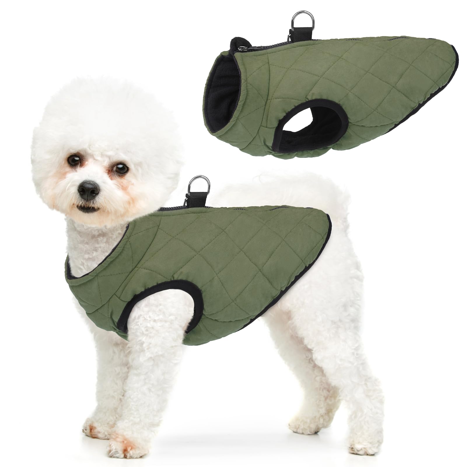 SCENEREAL Winter Dog Vest Coat with Harness Built In, Warm Puppy Jacket for Small Medium Dogs, Cold Weather Coats with Zipper, Fleece Puffer Vest Windproof Snow Clothes, Olive M