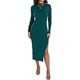 ZESICA Women's 2026 Ribbed Knit Dress Long Sleeve Mock Neck Slim Fit Side Slit Fall Elegant Sweater Dresses