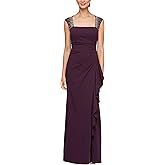 Alex Evenings Womens Long Cascade Ruffle Sleeveless Gown with Leg Slit, Mother of The Bride Dress, Elegant Party Gown