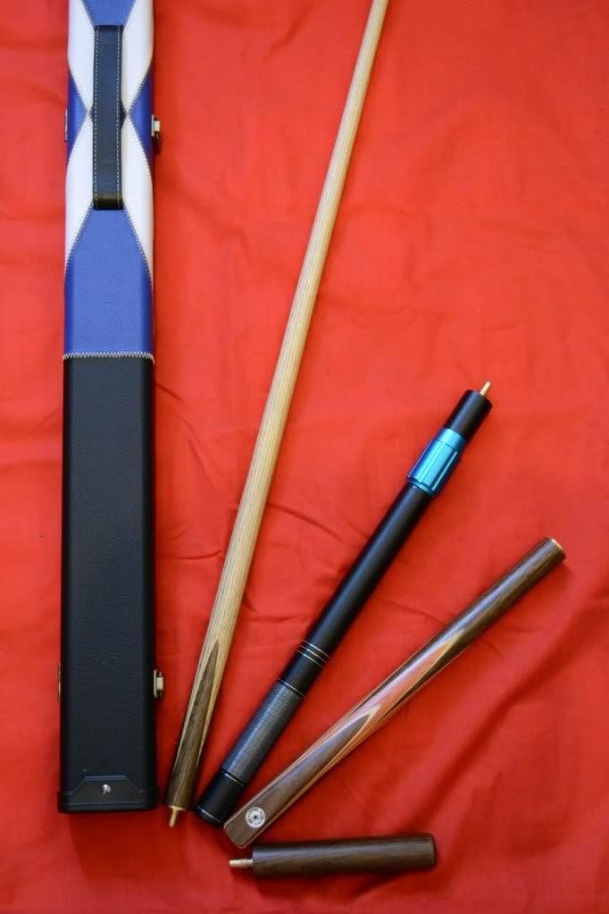 Handmade 4 piece GRADE A Ash Snooker/Pool Cue with a Scottish Carry Case, Mini-Butt and Telescopic Extension.