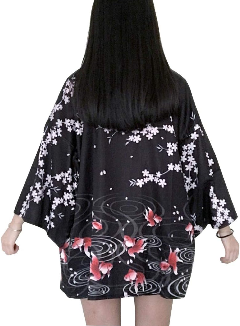 Women's 3/4 Sleeve Loose fit Cardigan Jacket Japanese Style Street Kimono Beach Swim Cover up OneSize US S-L