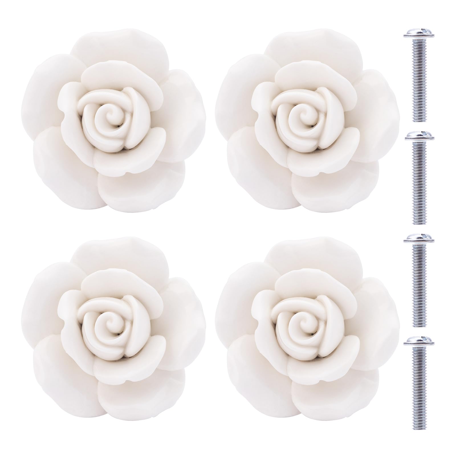 NAKUPENDA Ceramic Knobs 4 Pieces Ceramic Rose Flower Knob Drawer Knobs Porcelain Rose Furniture Knobs for Drawers Cupboards Cabinet Doors (White)