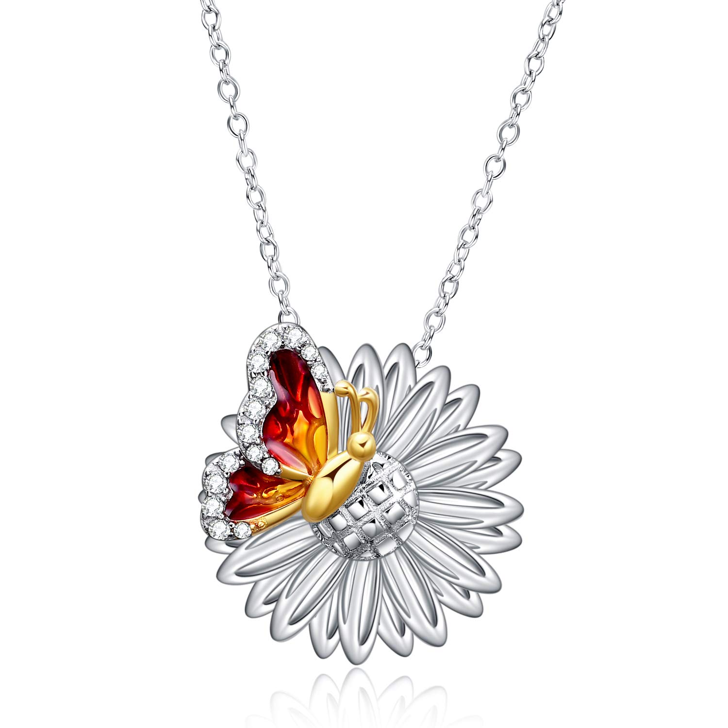 YAFEINI Butterfly Necklace 925 Sterling Silver White Gold Plated Sunflower Necklaces Pendent Jewellery Gift for Women and Girls