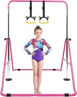 FINGER TEN Foldable Gymnastics Bar for Kids 35-51 in Adjustable Height Pink Blue