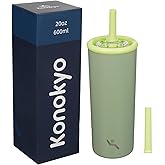 Konokyo 20oz Insulated Tumbler with Lid and Straw, Reusable Iced Coffee Cup with Lid, Travel Coffee Mug, BPA-Free, Leak-Proof and Durable, Bean Paste Green