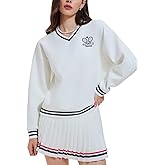 Women's Long Sleeve Tennis Skirt Set 2 Piece Golf Outfit, V-Neck Sweater & Skort with Pockets, Preppy Pickleball Sport Suits