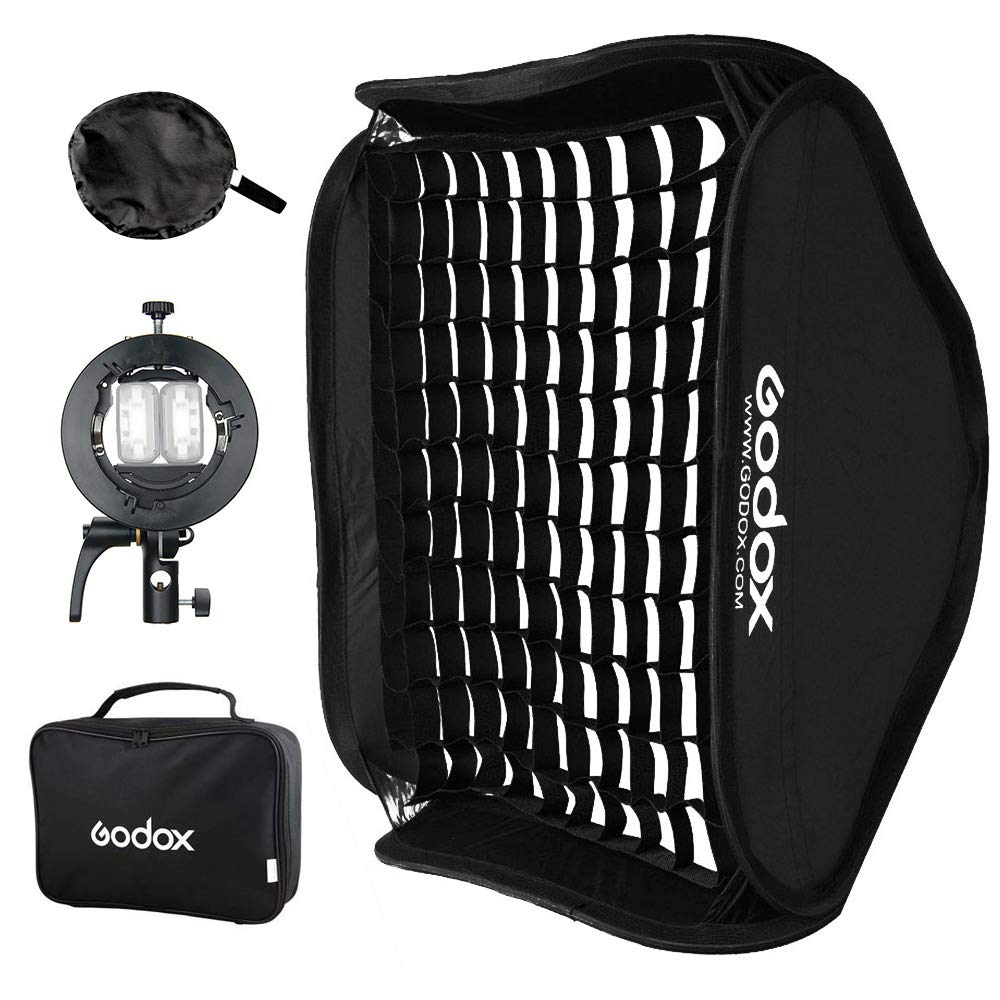 GODOX S2 Flash Bracket Bowens Mount Holder with Foldable Grid Softbox 60x60cm 24x24in for Studio Flash Speedlight Photography