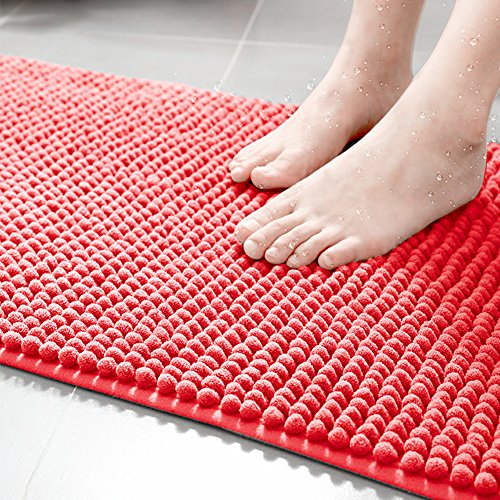 Eanpet Chenille Bath Mat Non-Slip Microfiber Floor Mat Baby Bath Mat for Kids Ultra Soft Washable Bathroom Dry Fast Water Absorbent Shower Mat Area Rugs (16" x 24", Red)
